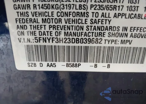 2013 Honda Pilot Lx from USA, damaged, VIN 5FNYF3H23DB039682